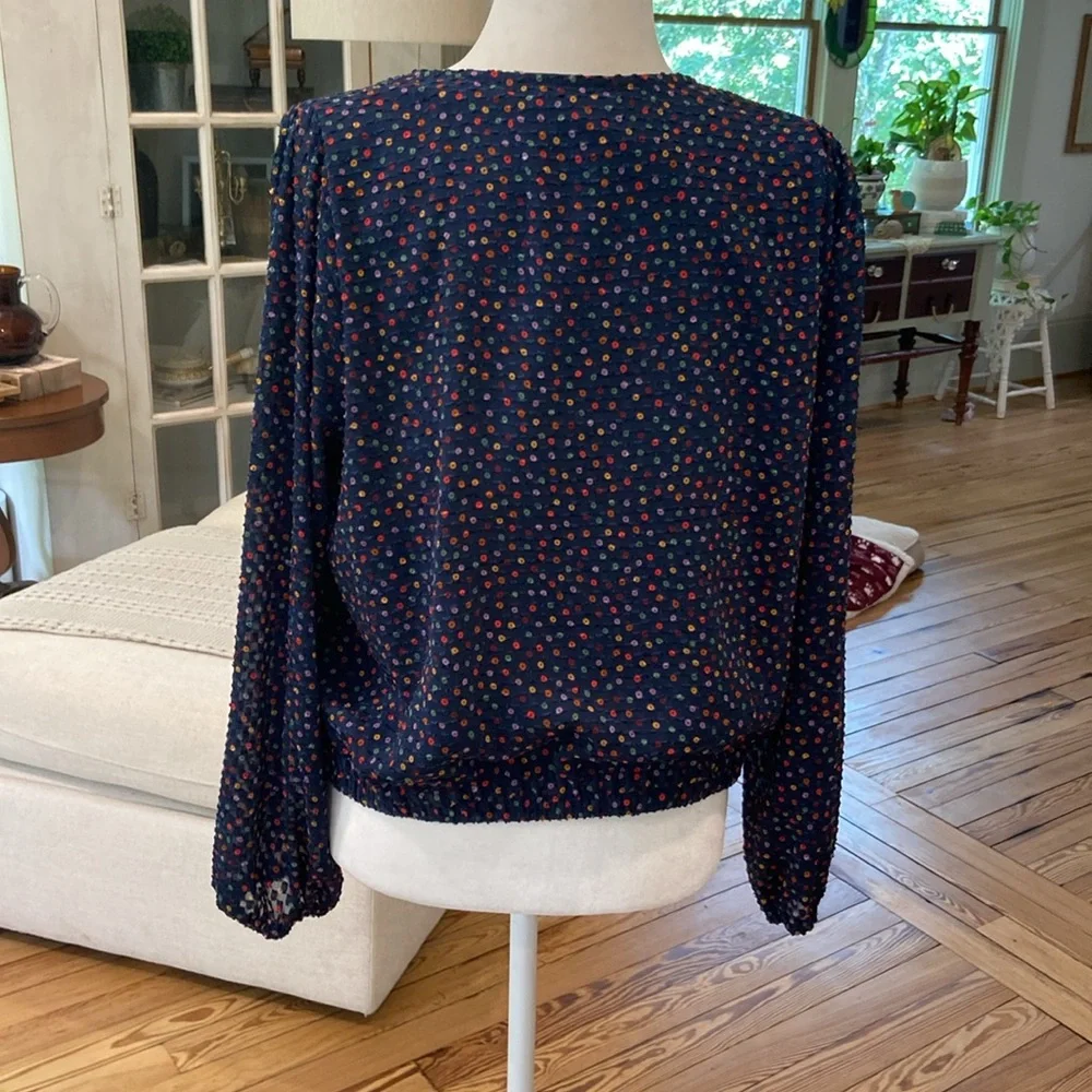 Madewell Lyric Wrap Top In Sugar Dot Navy Blue Sheer Puff Sleeves Womens LARGE
